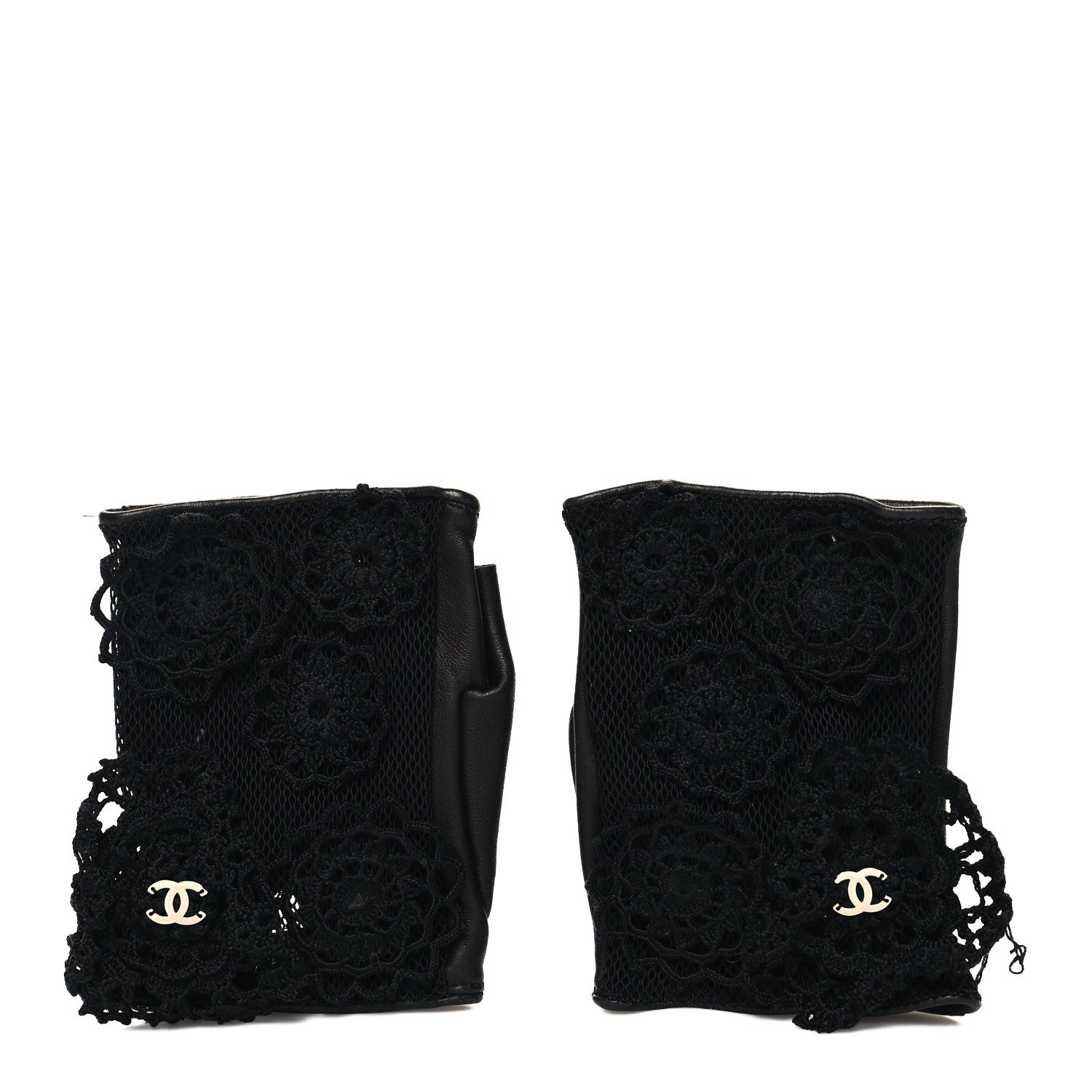 Chanel Lambskin Camellia Fingerless Gloves 7 Black 1 of 5
