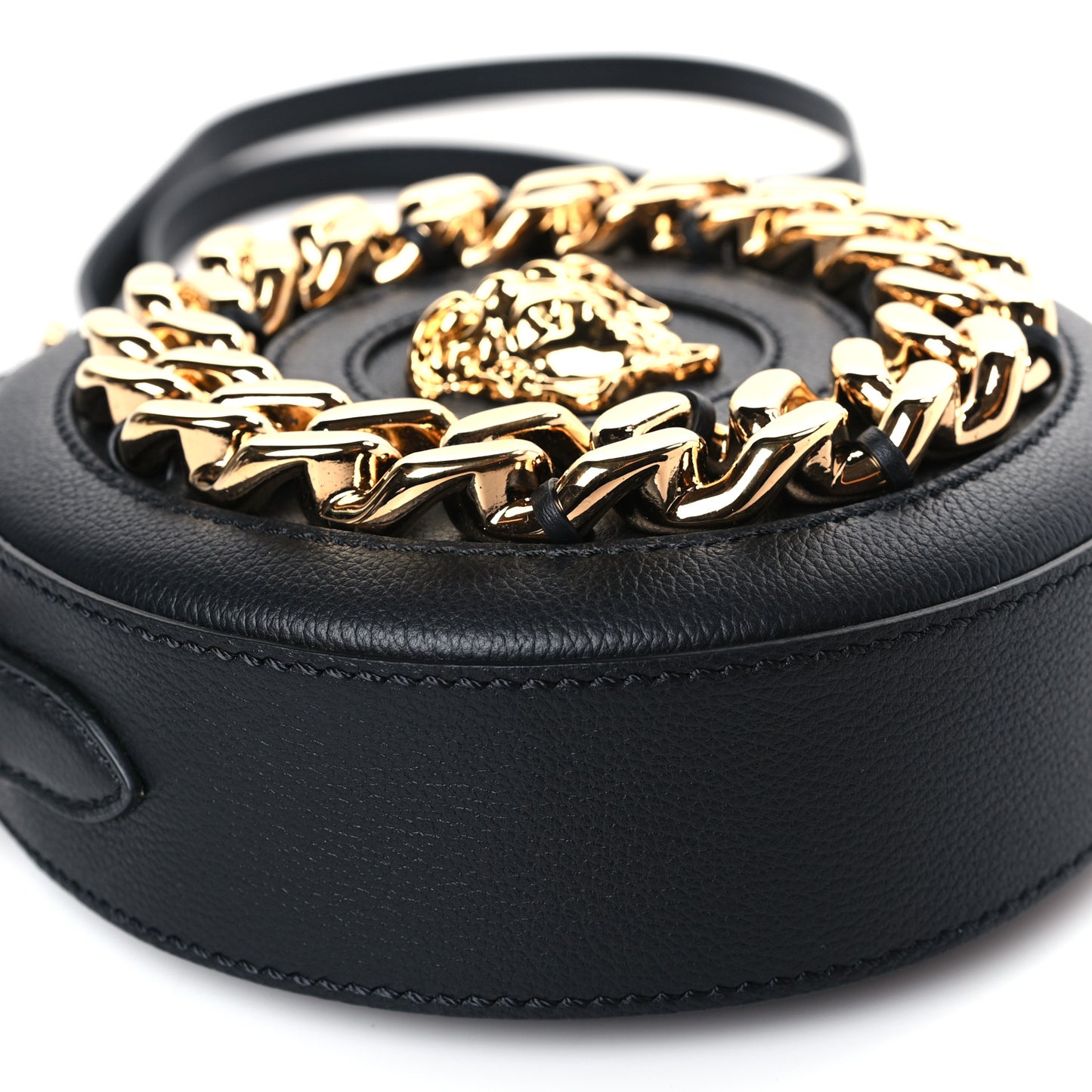 Grained Calfskin Mini La Medusa Disco Round Crossbody Bag Black