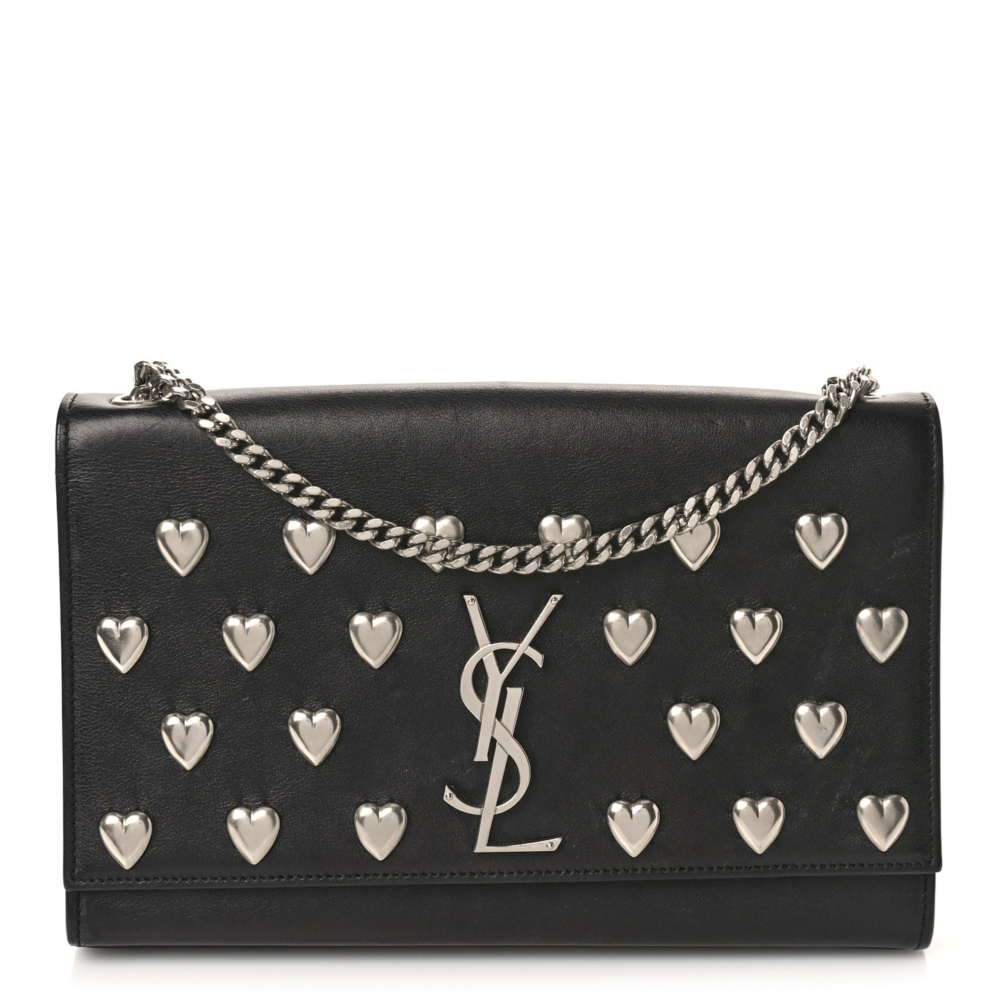 Calfskin Heart Studded Monogram Chain Wallet Black
