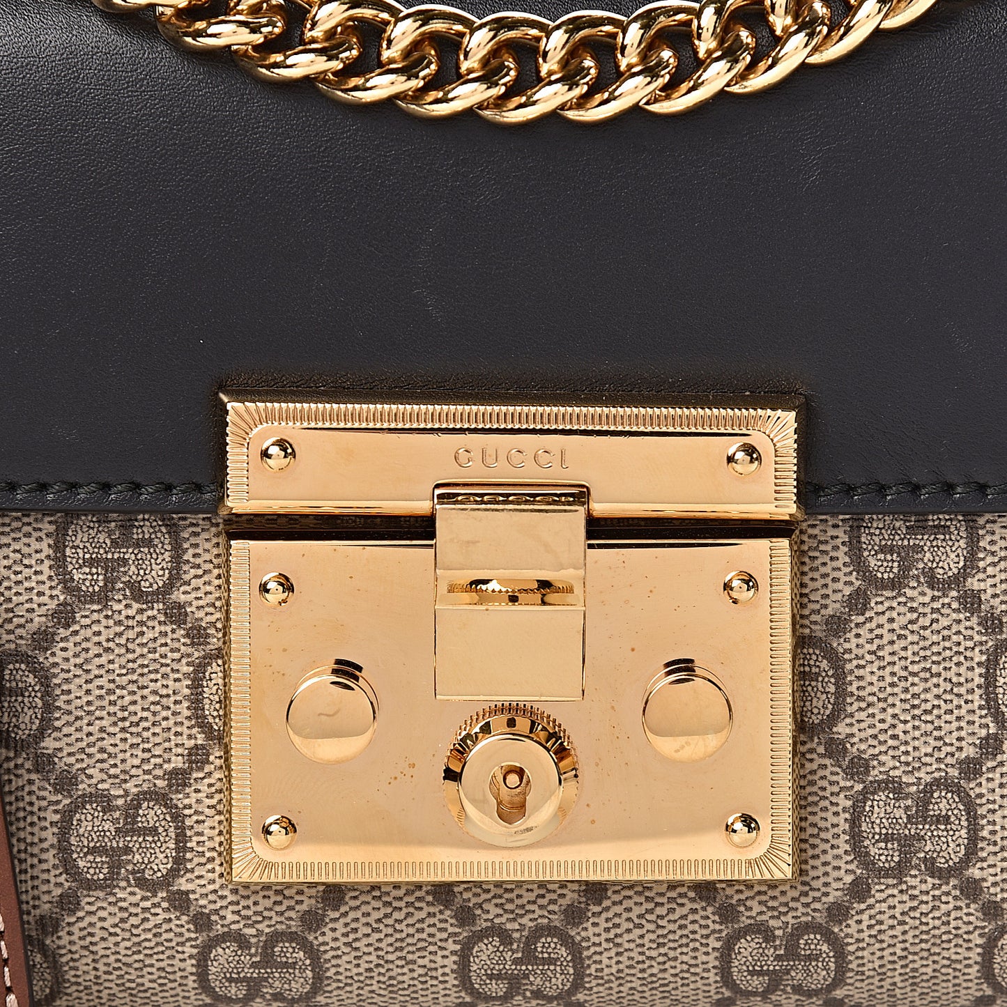 GG Supreme Monogram Calfskin Small Padlock Shoulder Bag Beige Black Cuir