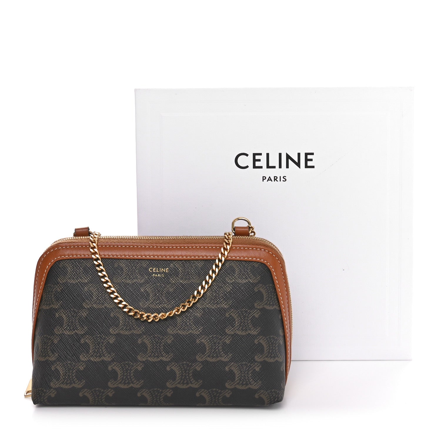 Celine Triomphe Canvas Lambskin Clutch On Chain Tan 12 of 12
