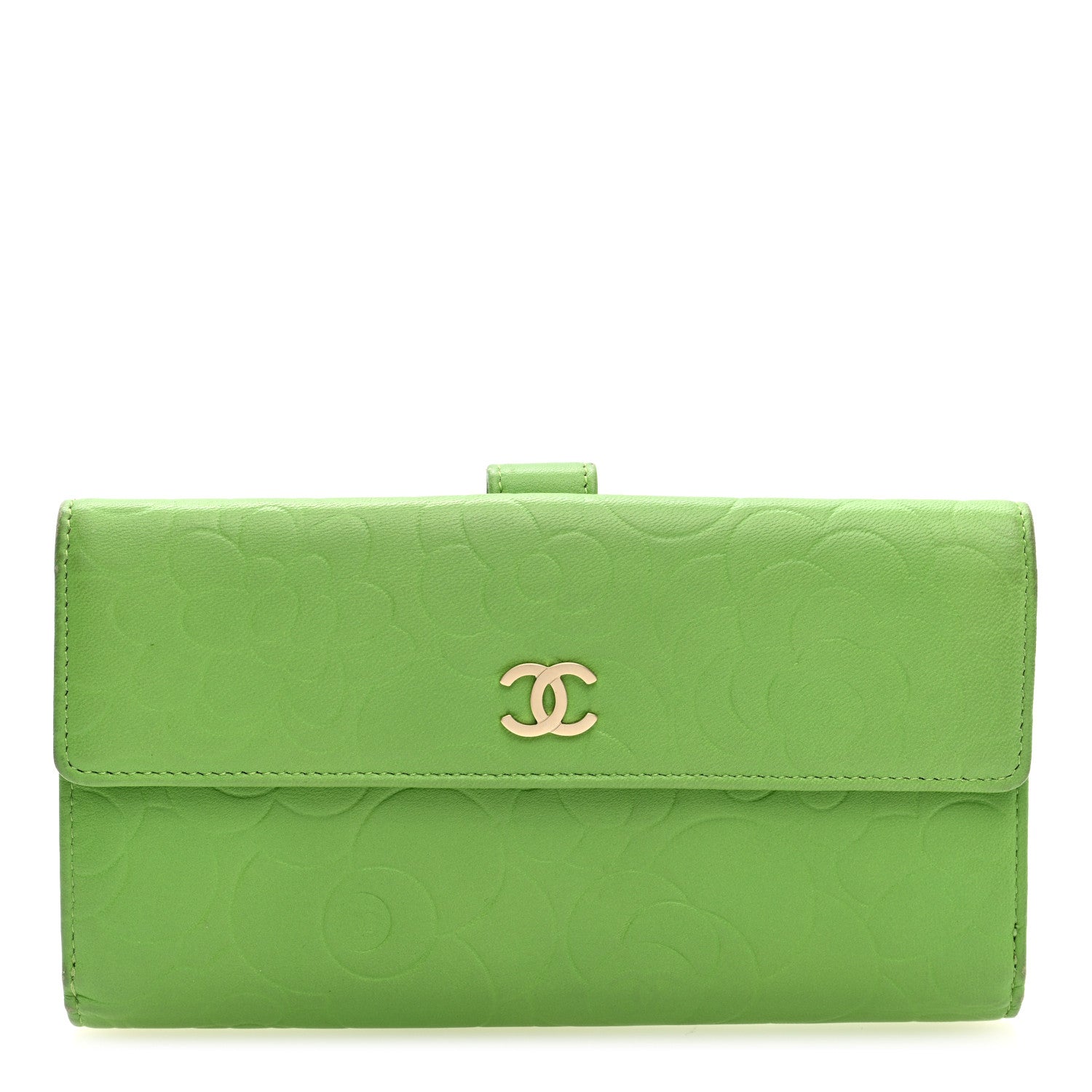 Chanel Lambskin Embossed Camellia Large Gusset Flap Wallet Green 1 of 7