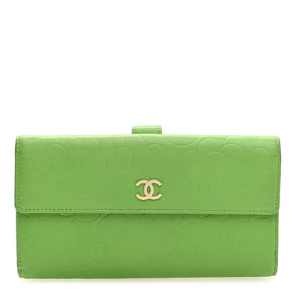 Chanel Lambskin Embossed Camellia Large Gusset Flap Wallet Green 1 of 7