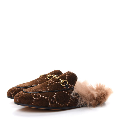 Gucci Velvet GG Monogram Fur Womens Princetown Slippers 37 Brown Black Natural 3 of 9