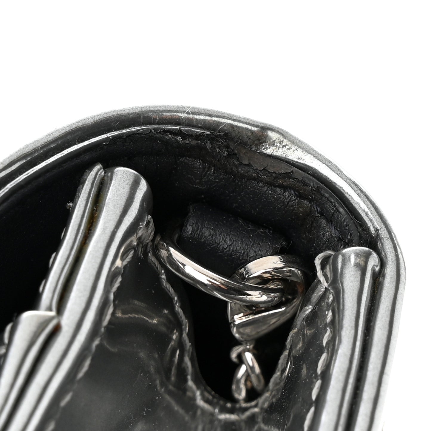 Metallic Patent Micro-Cannage Diorama Wallet on Chain Pouch Silver