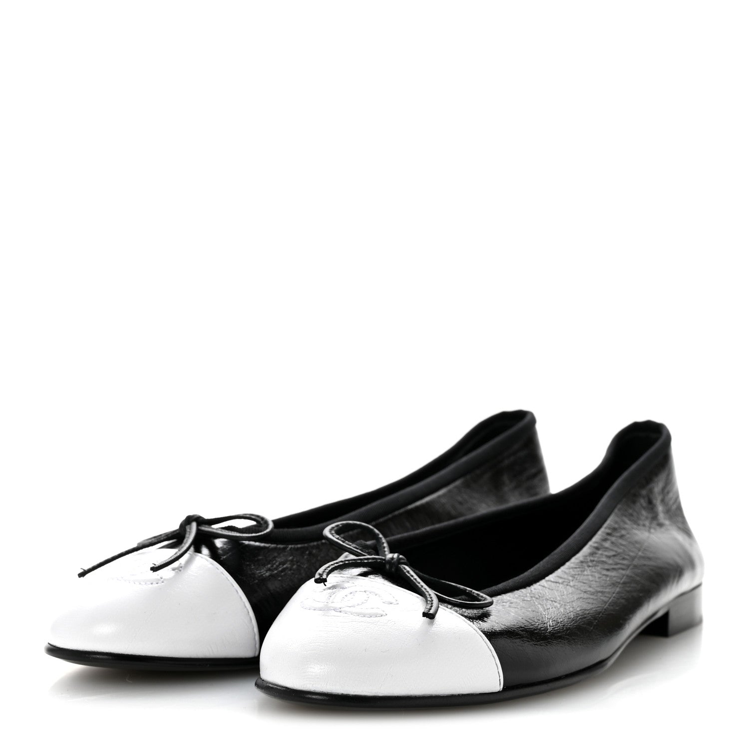 Chanel Crumpled Shiny Lambskin Cap Toe CC Ballerina Flats 39 Black White 4 of 9