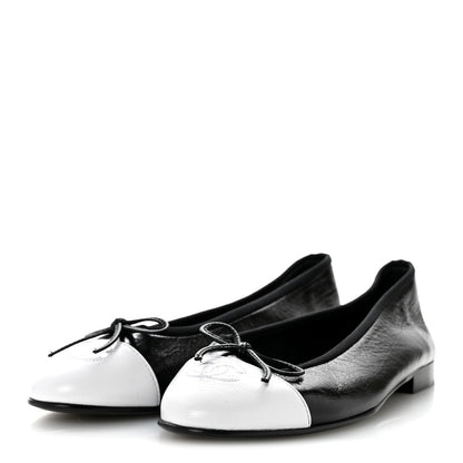 Chanel Crumpled Shiny Lambskin Cap Toe CC Ballerina Flats 39 Black White 4 of 9