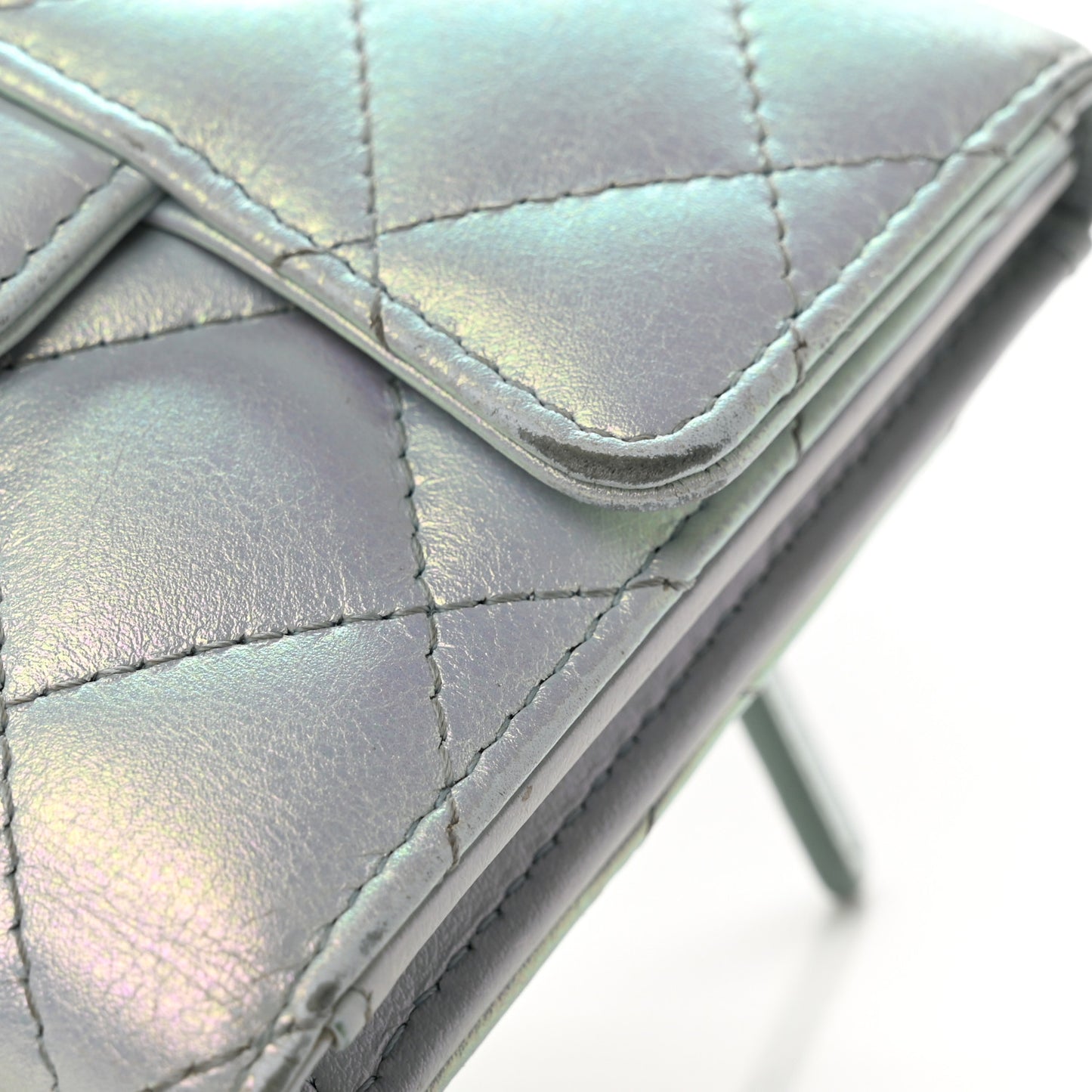 Iridescent Calfskin Quilted Compact Flap Wallet Light Blue