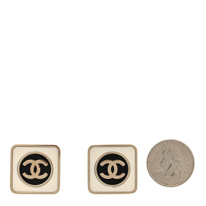Chanel Metal Enamel CC Square Earrings Gold White Black 2 of 5