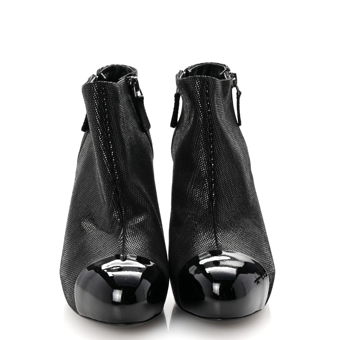 Metallic Tweed Patent Cap Toe CC Ankle Booties 38 Black