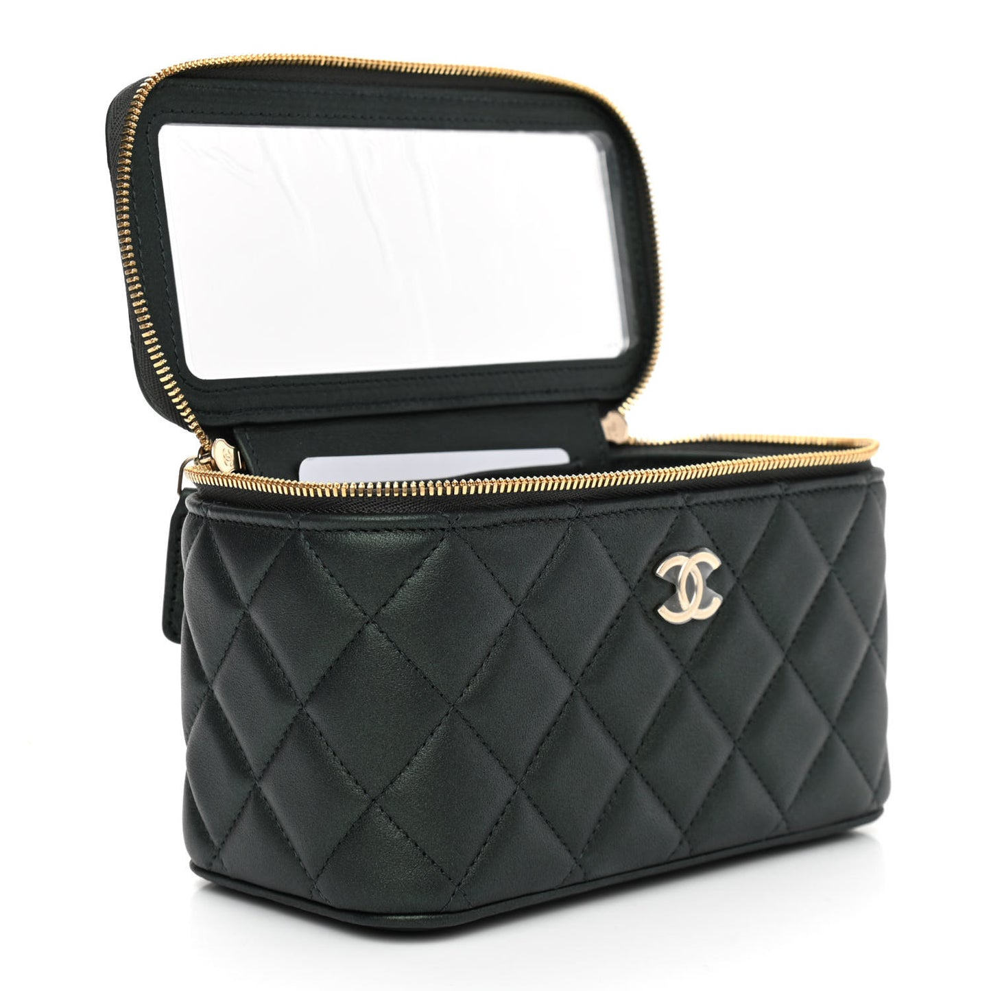Iridescent Lambskin Quilted Small Top Handle Vanity Case With Chain Dark Green
