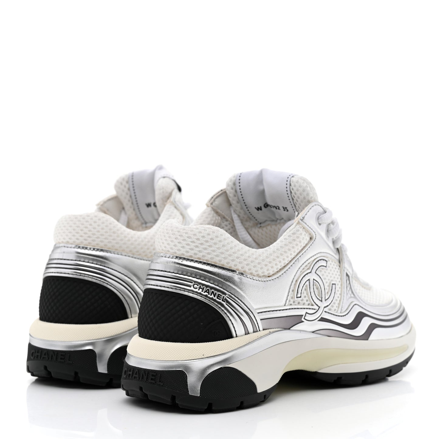 Fabric Laminated Calfskin Stretch CC Womens Sneakers 35 White Silver