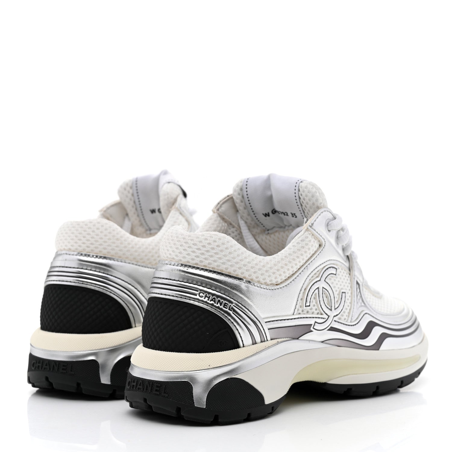 Chanel Fabric Laminated Calfskin Stretch CC Womens Sneakers 35 White Silver 4 of 8