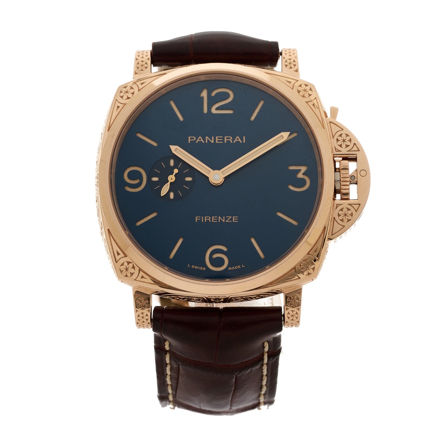 18K Rose Gold Alligator 45mm Luminor Due Firenze Goldtech Automatic Watch Blue PAM01204
