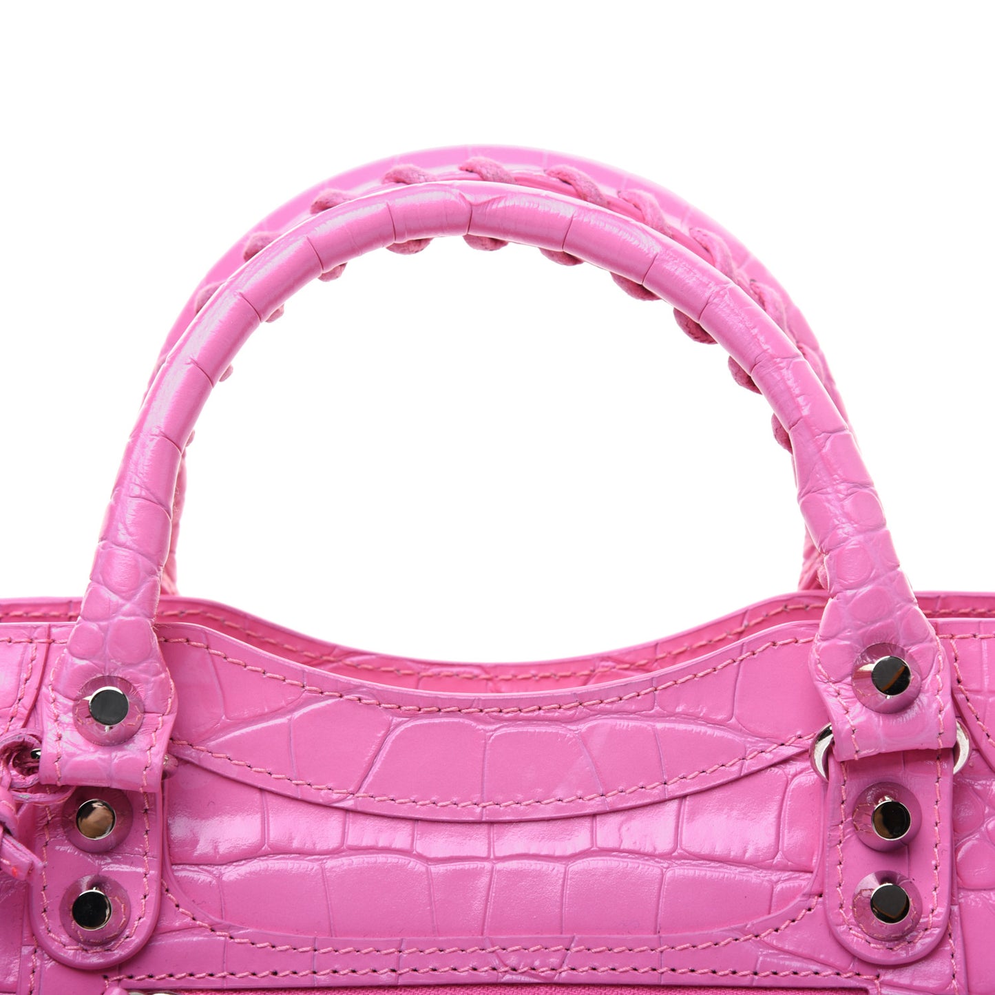 Shiny Supple Calfskin Crocodile Embossed Classic Silver Hardware Mini City Baby Pink