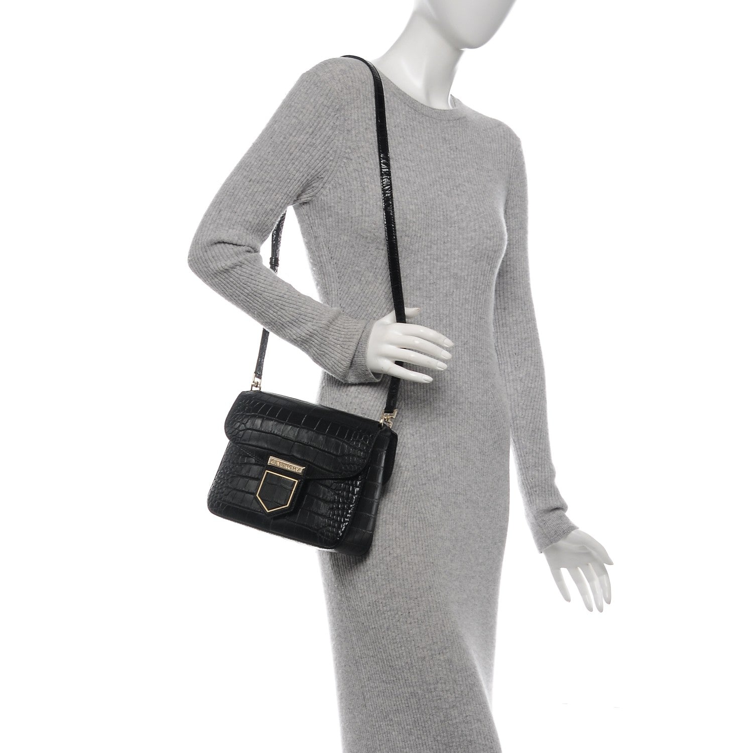 Givenchy Calfskin Crocodile Embossed Small Nobile Shoulder Bag Black 2 of 6