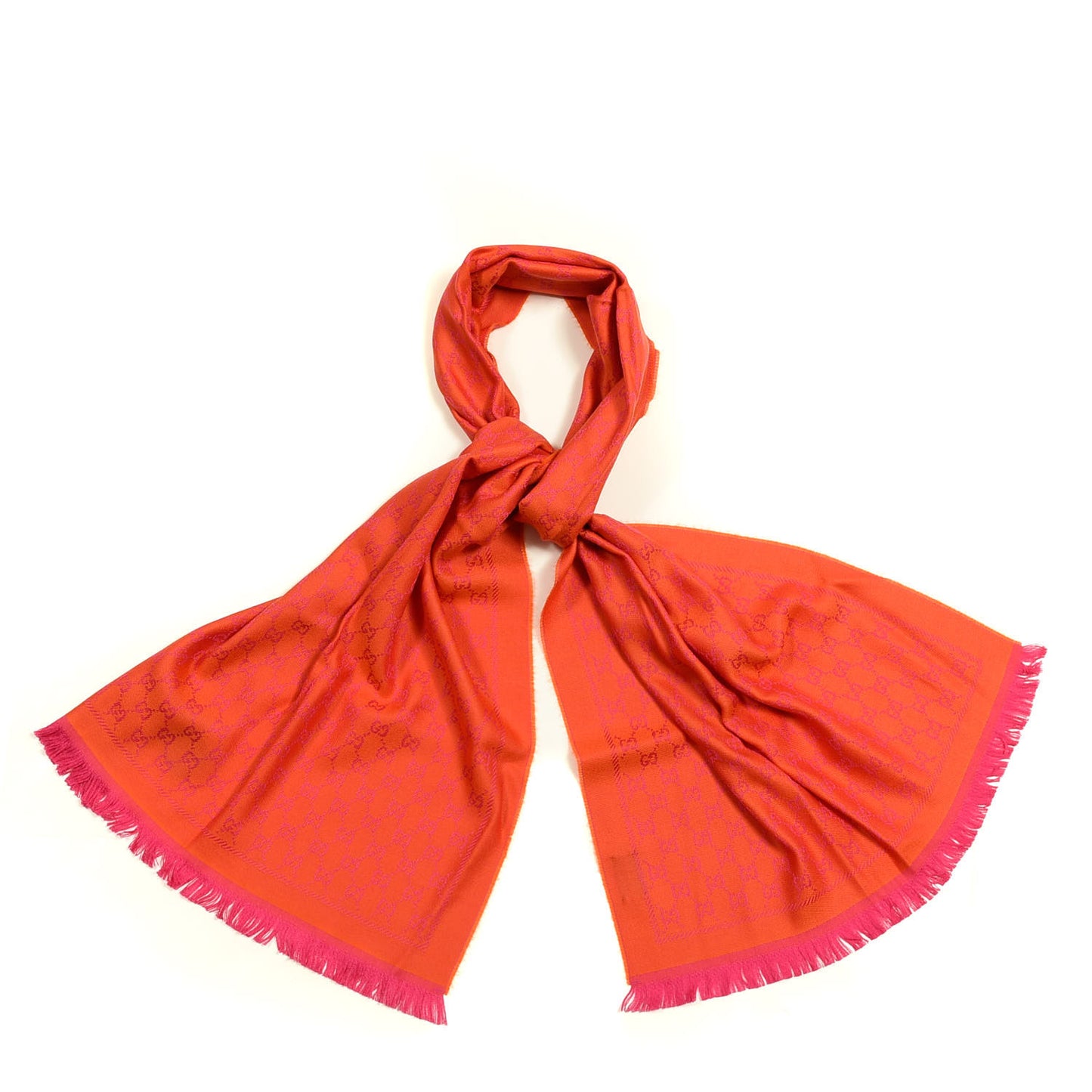 Wool GG Monogram Reversible New Sten Fringe Scarf Orange Pink