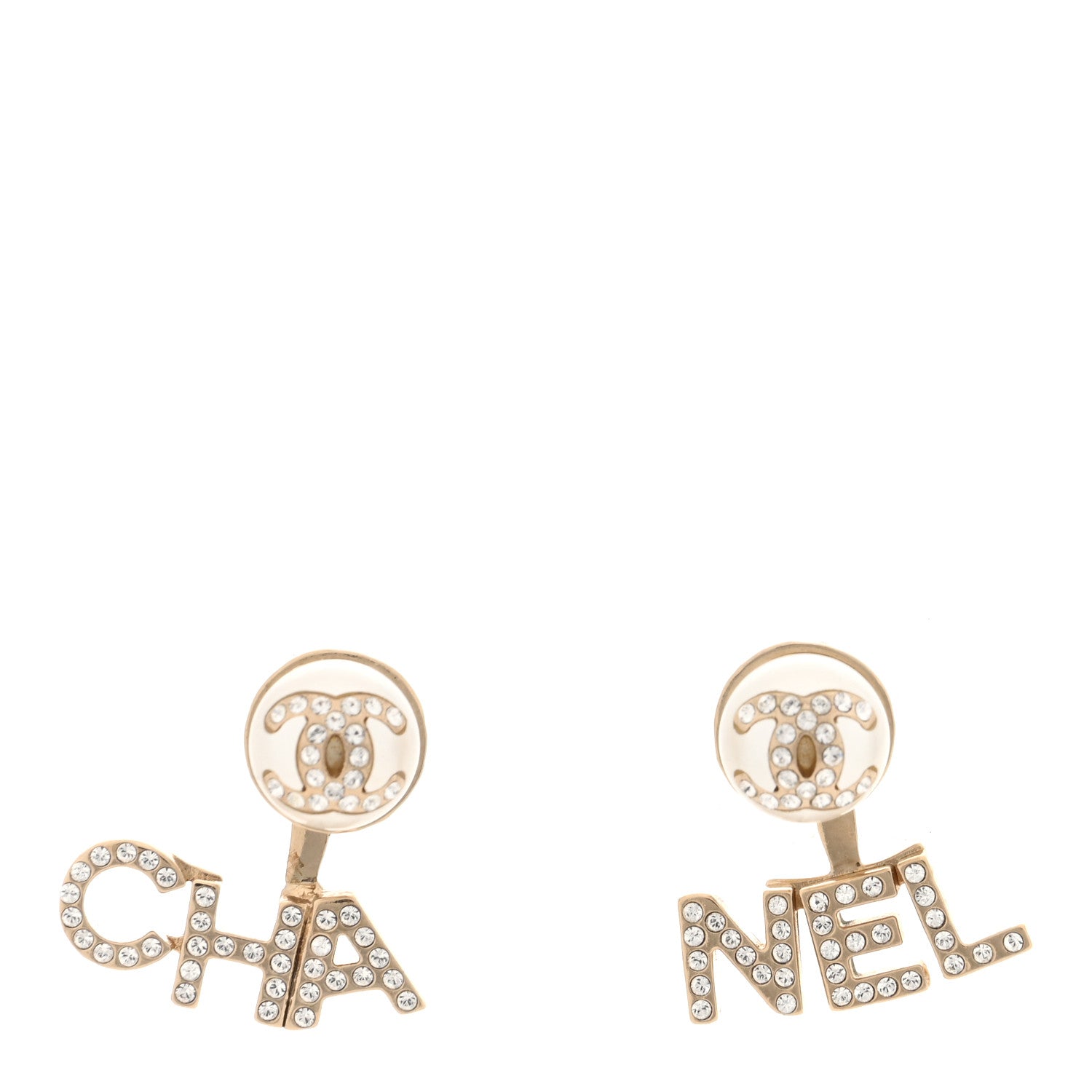 Chanel Crystal Pearl Cha-Nel Logo Earrings Gold 1 of 5