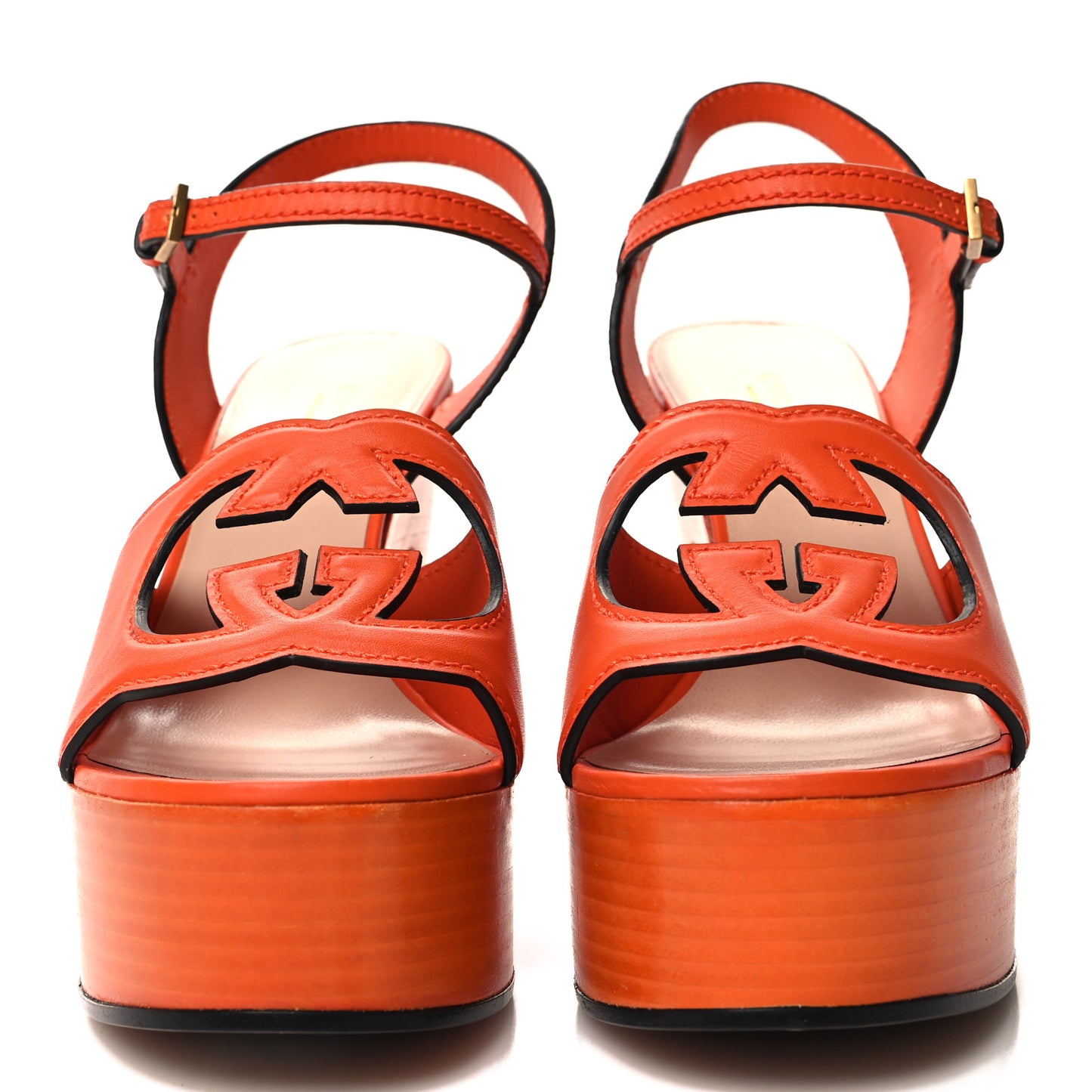 Cosmos Softy Calfskin Wooden Interlocking G Cut-Out 30/120mm Platform Sandals 39 Deep Orange