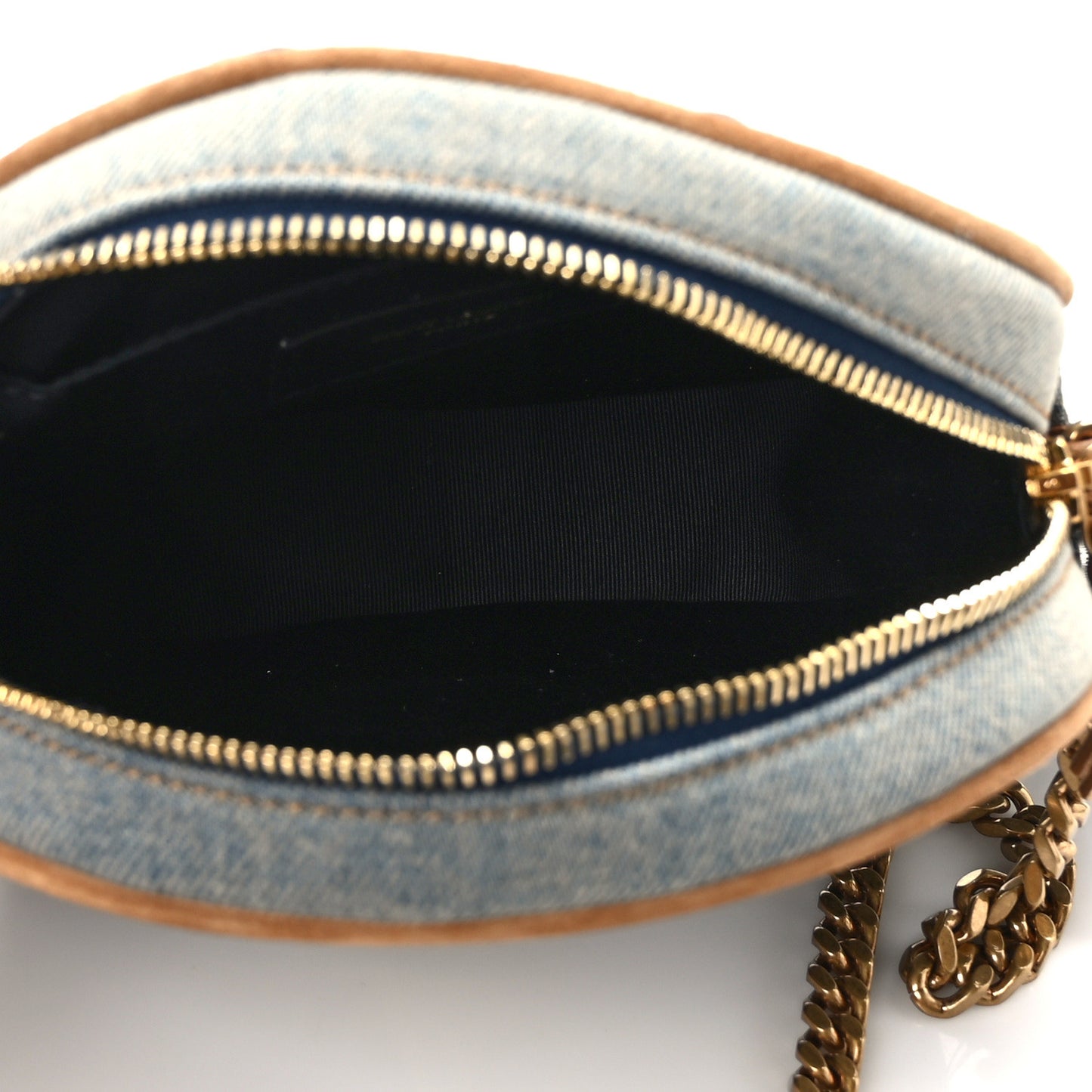 Denim Matelasse Chevron Quilted Round Vinyle Camera Bag Rodeo Blue Cinnamon