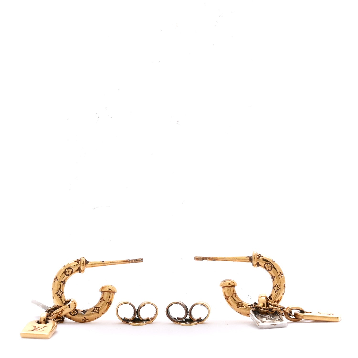 Louis Vuitton Nanogram Tag Drop Hoop Earrings Gold Silver 3 of 3