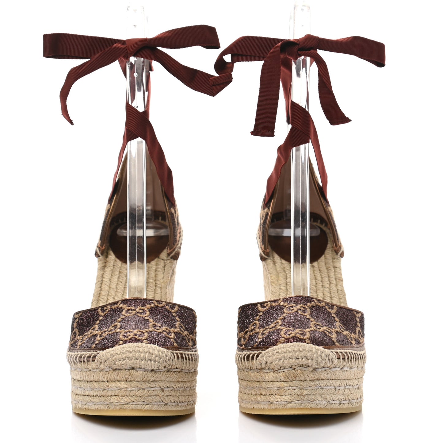 Lame GG Monogram Ankle Wrap Platform Espadrille Wedges 38 Beige Brown
