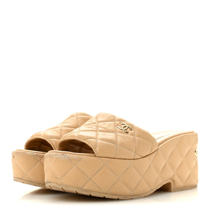 Chanel Lambskin Quilted CC Mules Wedge Sandals 36 Beige 4 of 11