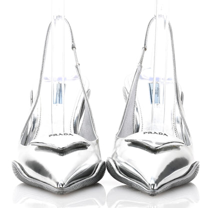 Prada Spazzolato Triangle Logo Pointed Toe 45mm Slingback Pumps 40 Argento 2 of 9