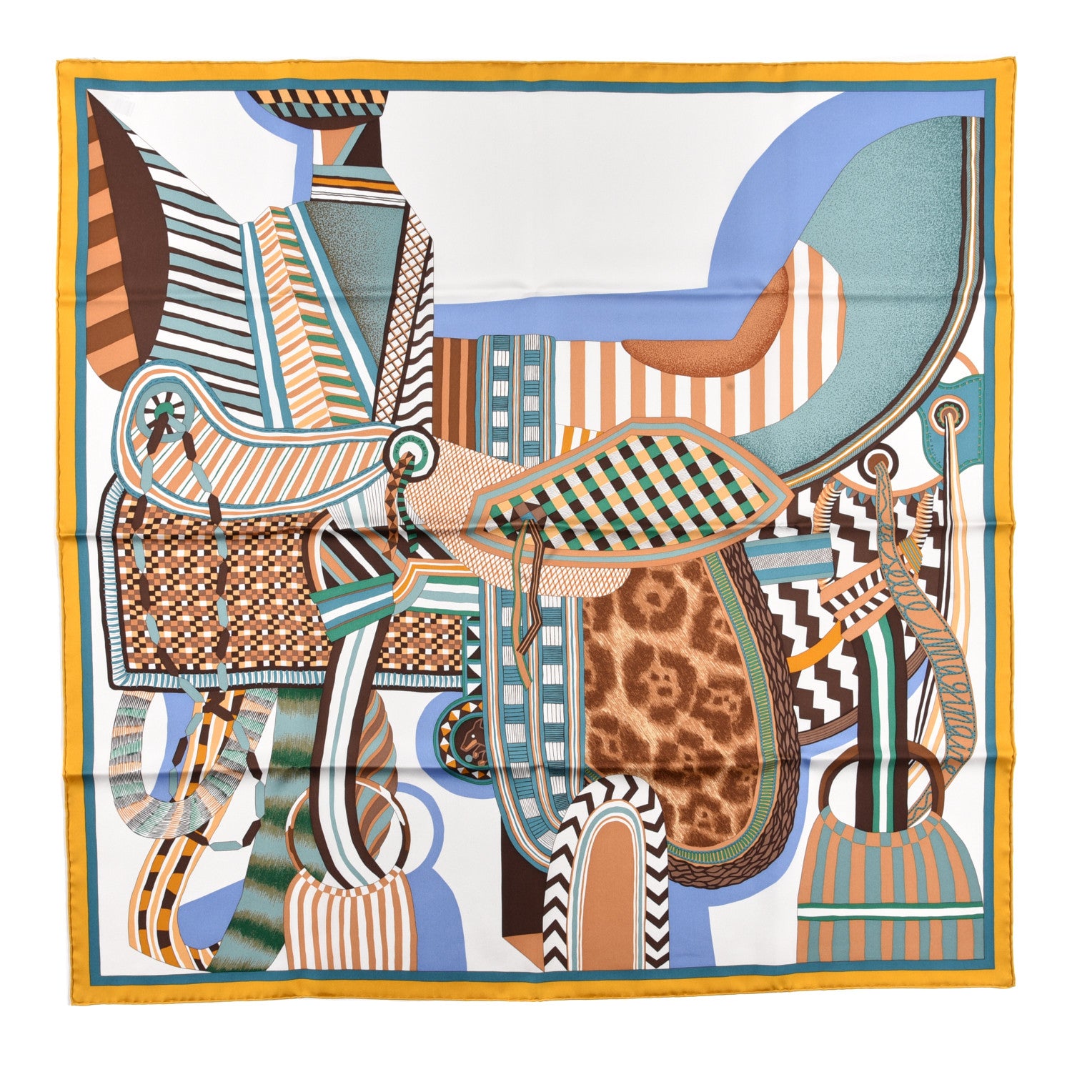 Hermes Silk La Selle Imaginaire Scarf 90 Miel Vert White 1 of 5