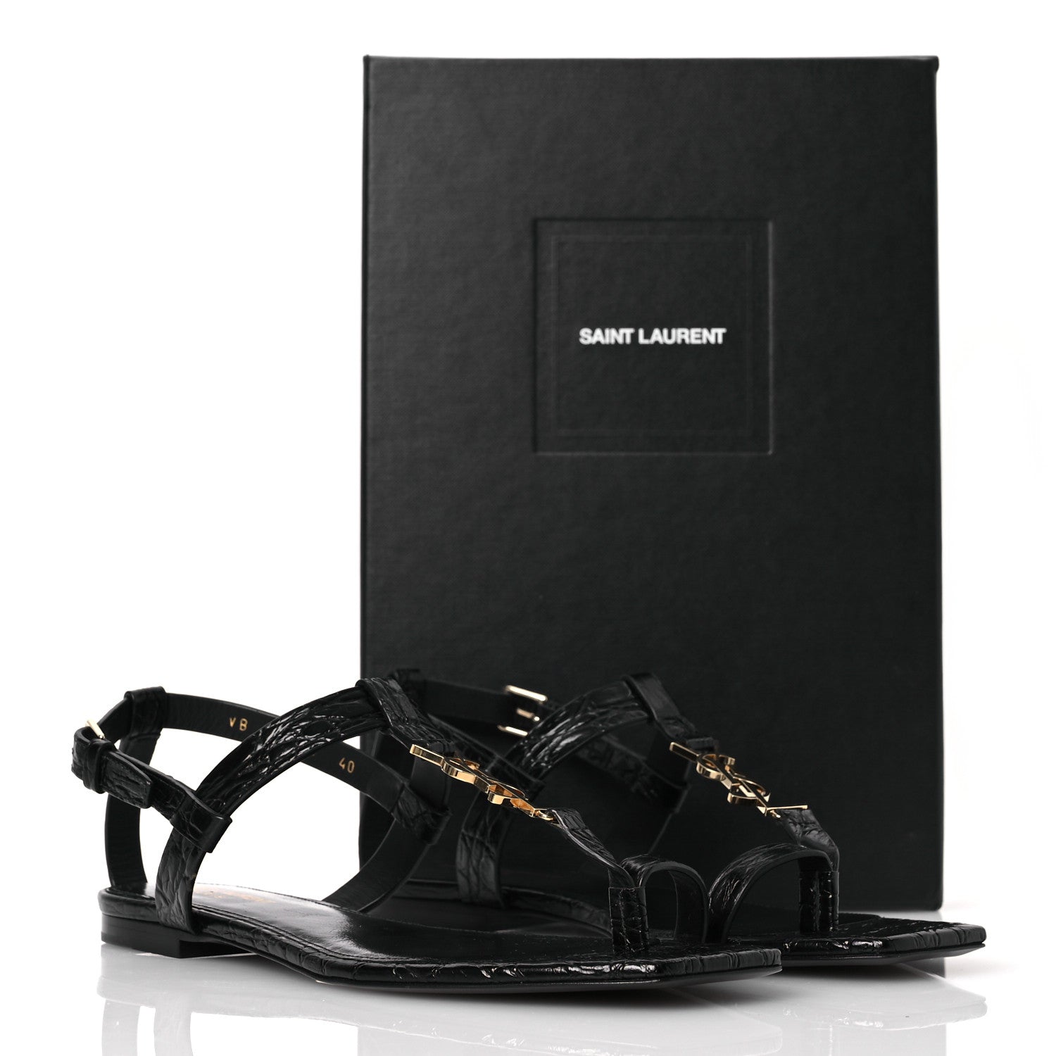 Saint Laurent Calfskin Crocodile Embossed Cassandra Monogram Sandals 40 Black 12 of 12
