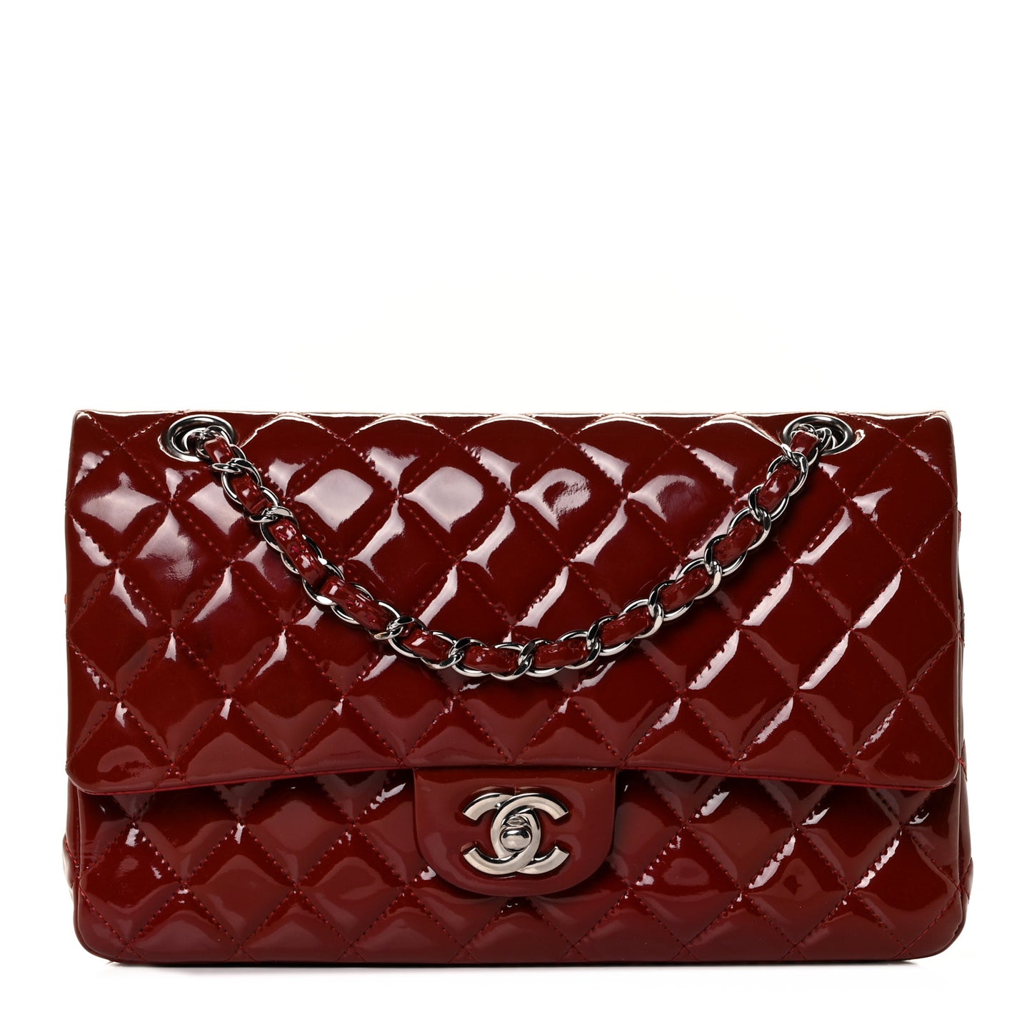 Patent Calfskin Quilted Medium Double Flap Dark Red