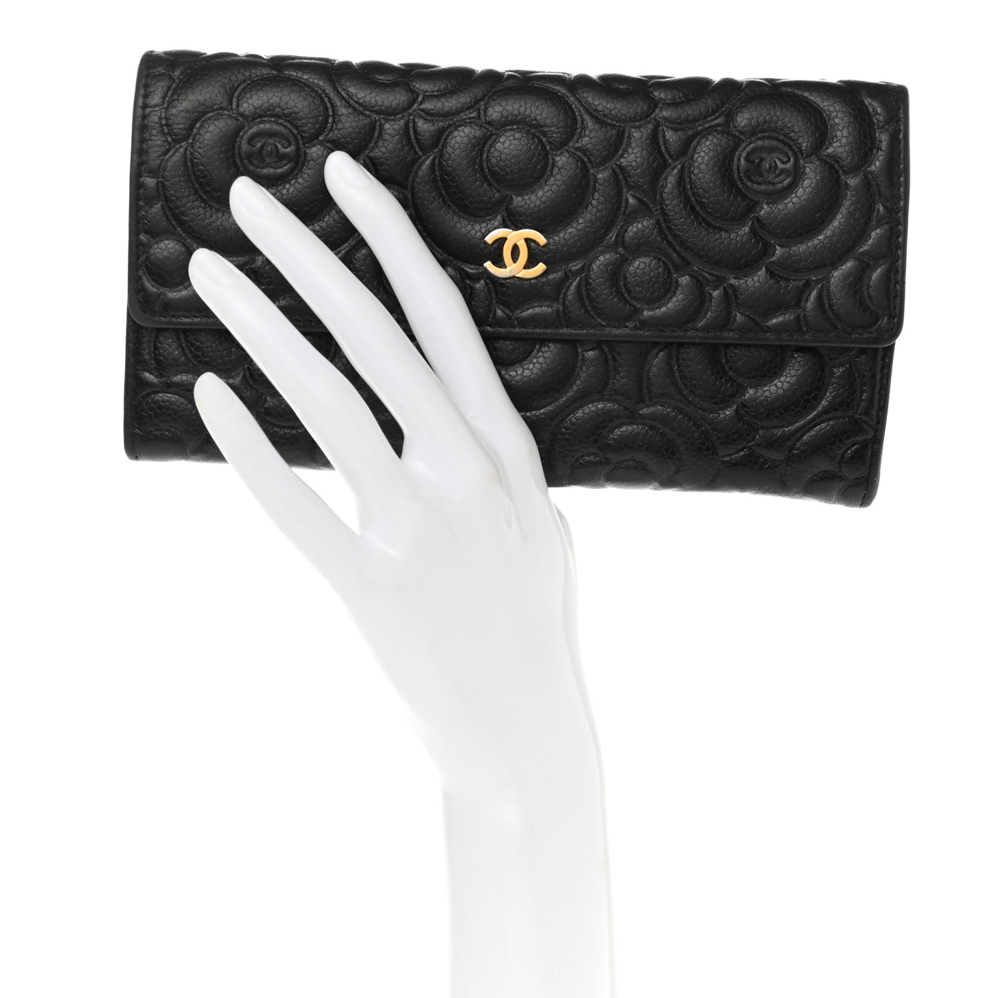 Caviar Camellia Embossed Flap Wallet Black