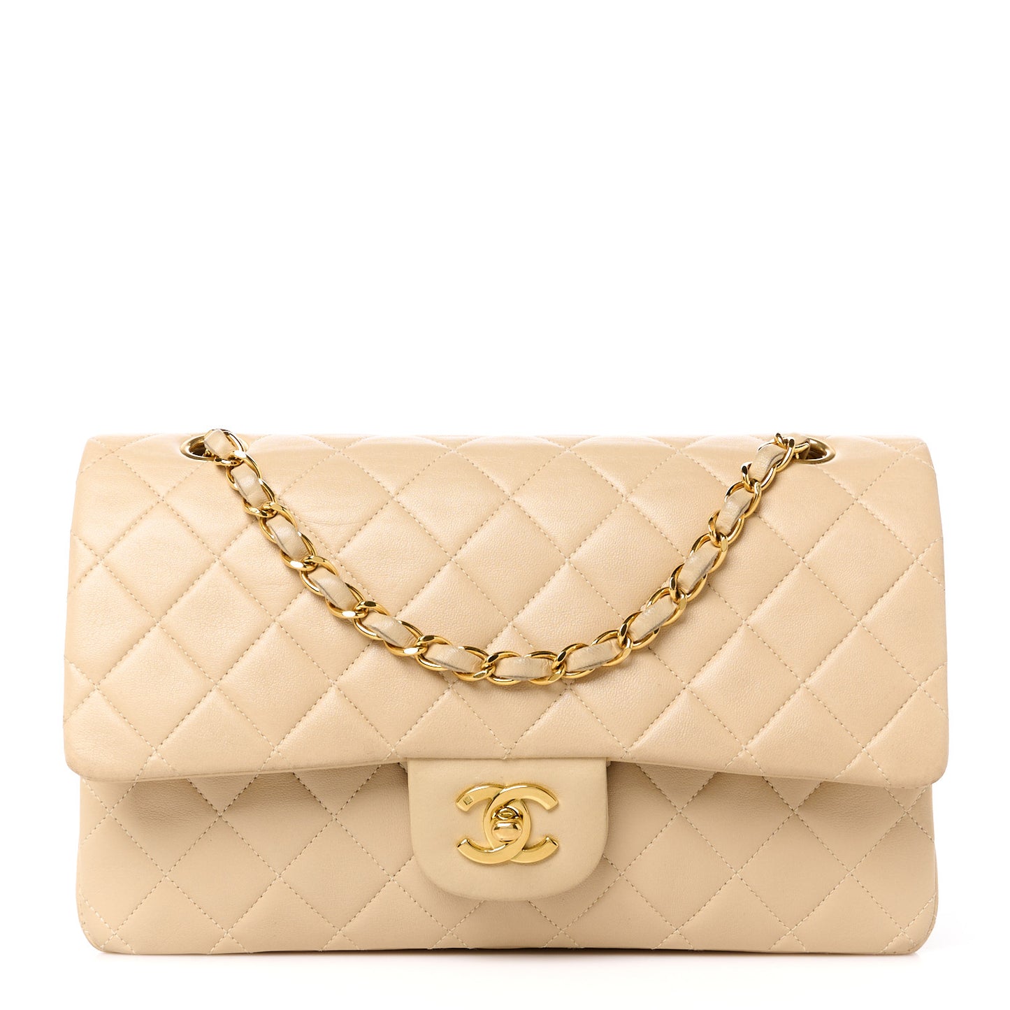 Lambskin Quilted Medium Double Flap Beige