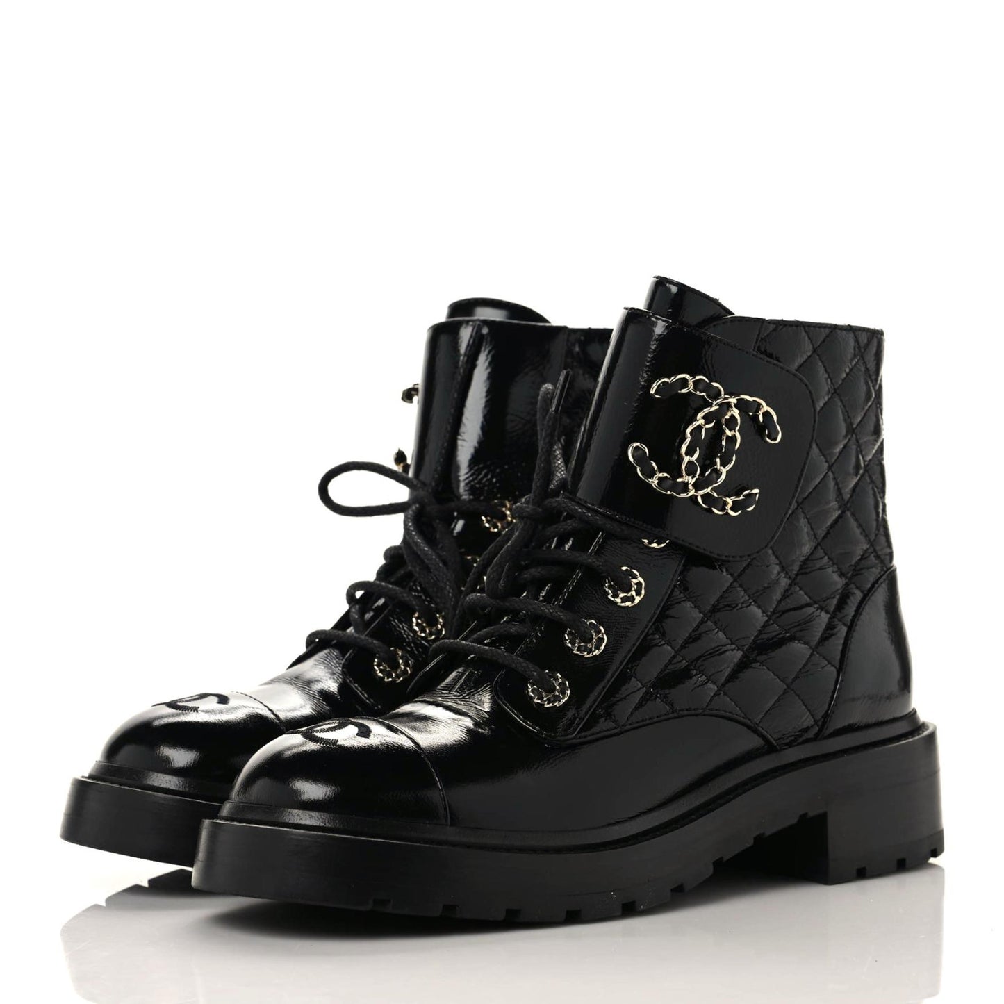 Shiny Calfskin Quilted Lace Up Combat Boots 38 Black