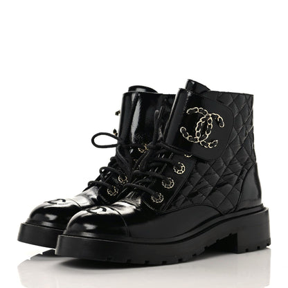 Chanel Shiny Calfskin Quilted Lace Up Combat Boots 38 Black 3 of 8