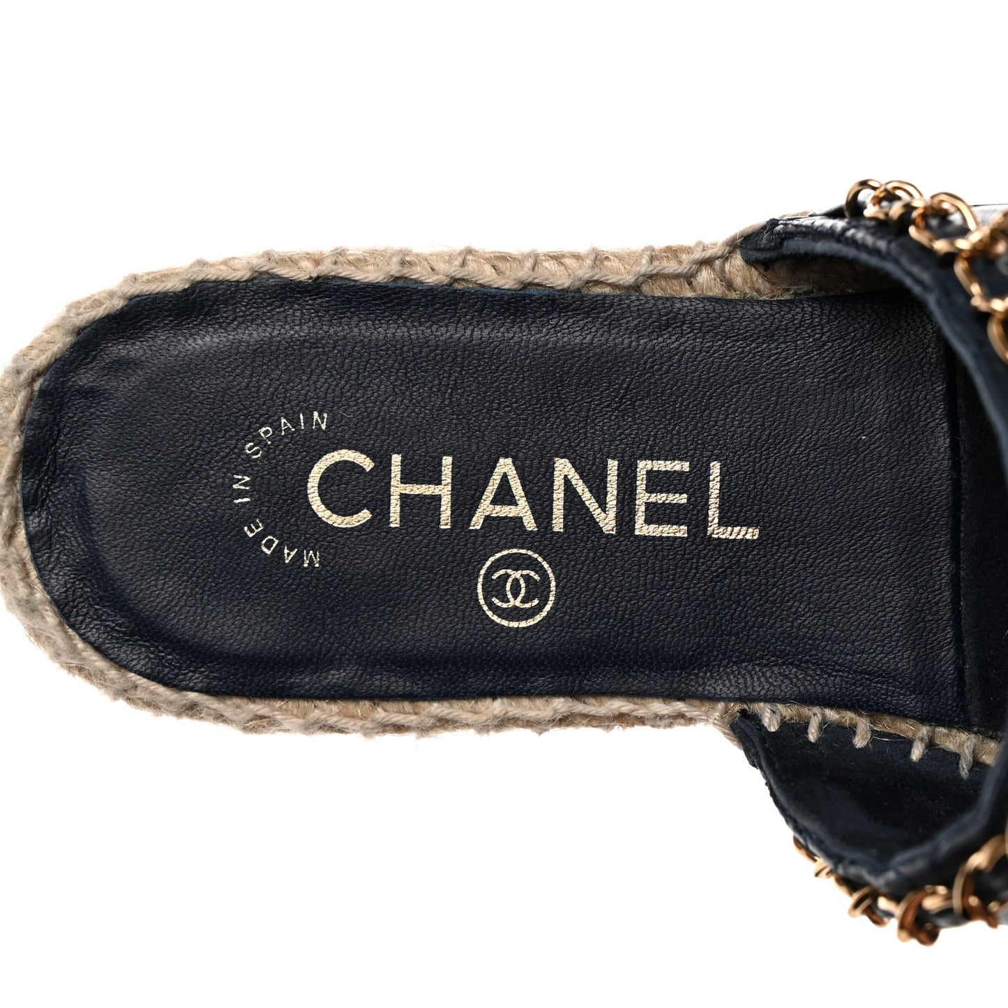 Lambskin Grosgrain Quilted CC Chain Espadrille Mules 37 Navy Black
