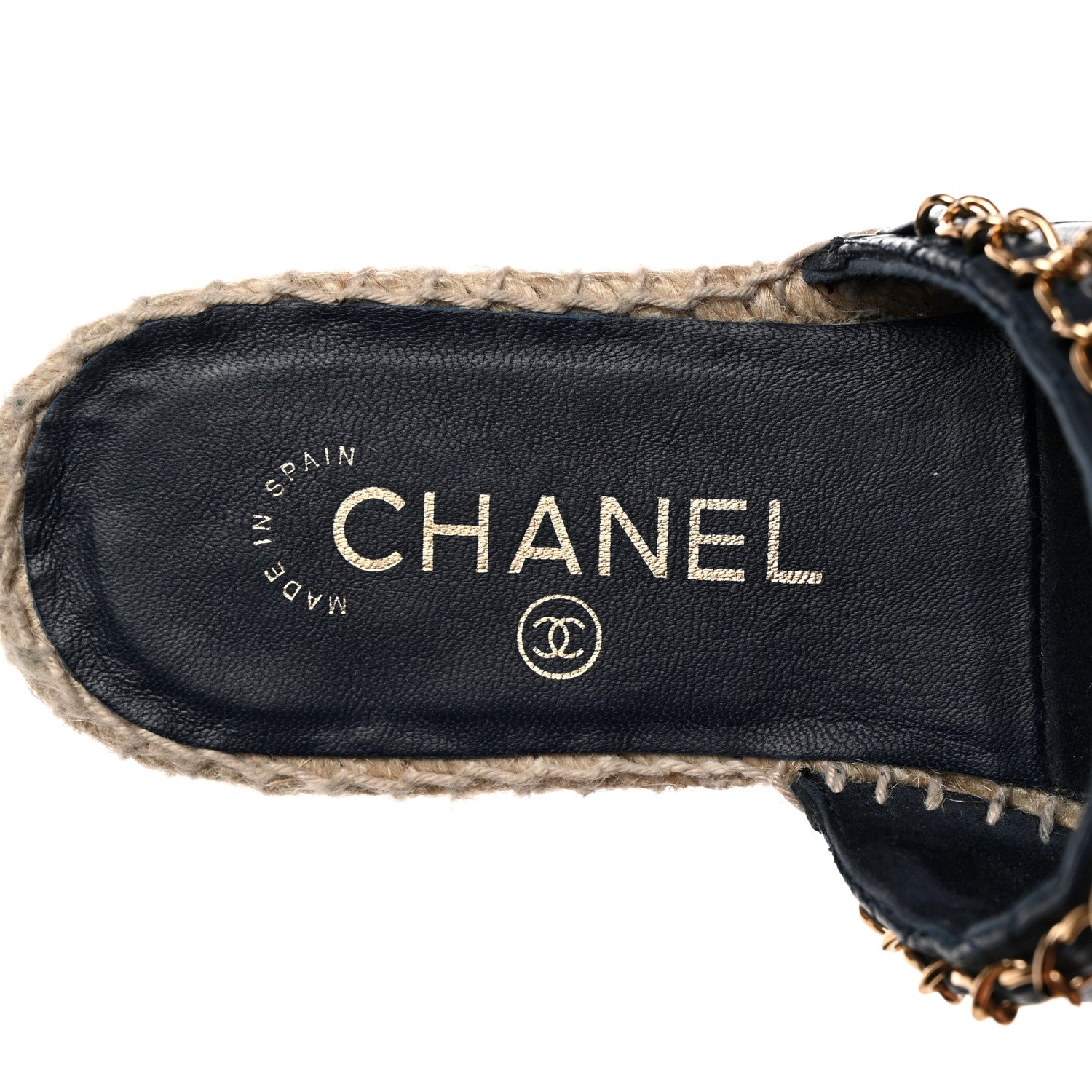 Chanel Lambskin Grosgrain Quilted CC Chain Espadrille Mules 37 Navy Black 6 of 10