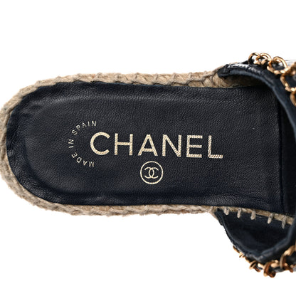 Chanel Lambskin Grosgrain Quilted CC Chain Espadrille Mules 37 Navy Black 6 of 10