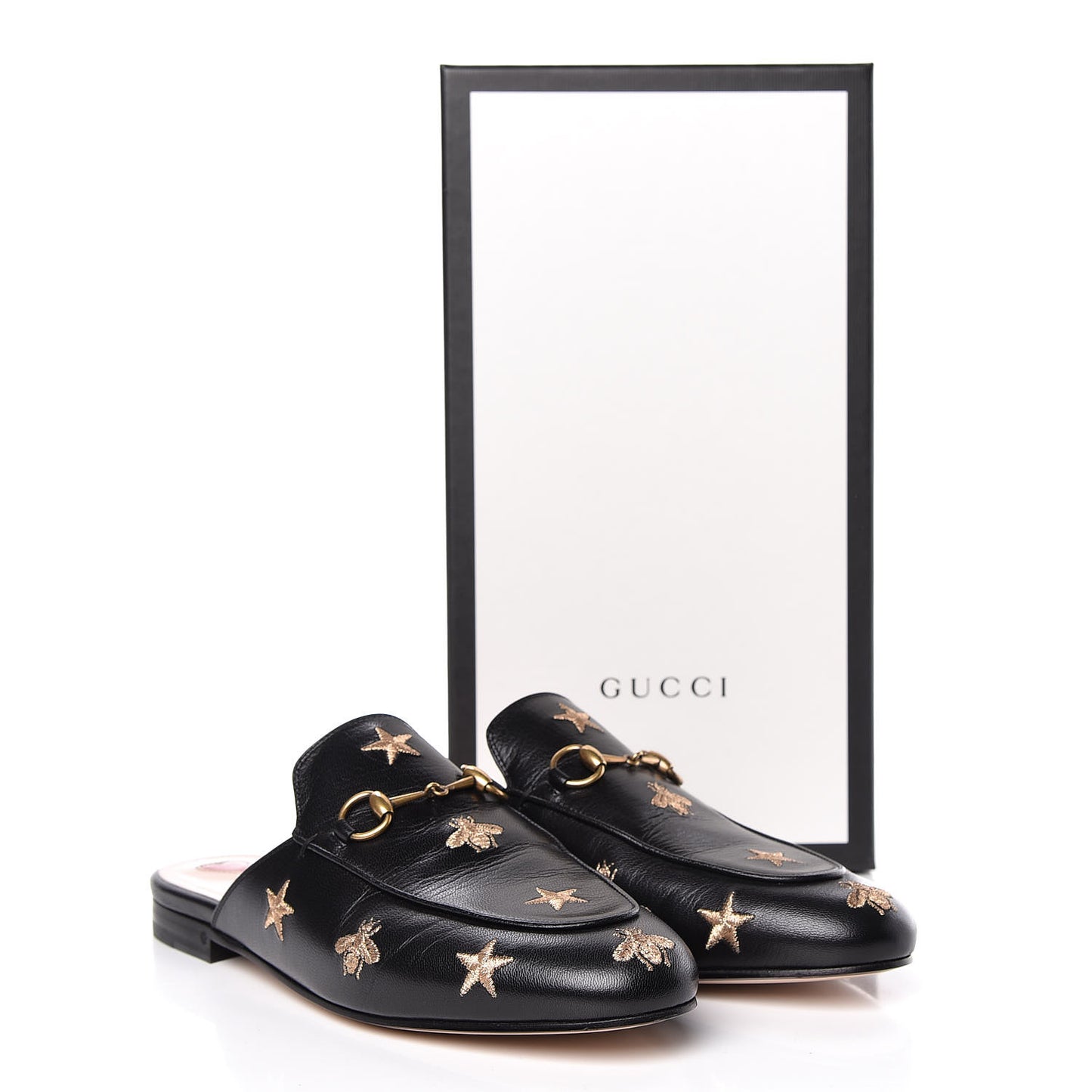 Goatskin Bee Star Embroidered Womens Princetown Slippers 39 Black