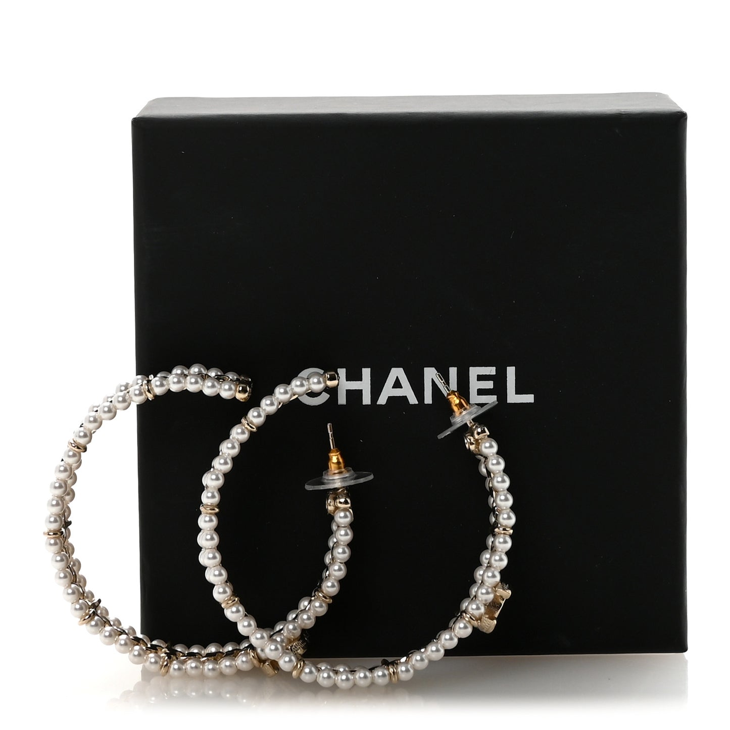 Pearl CC Chain Hoop Earrings Gold