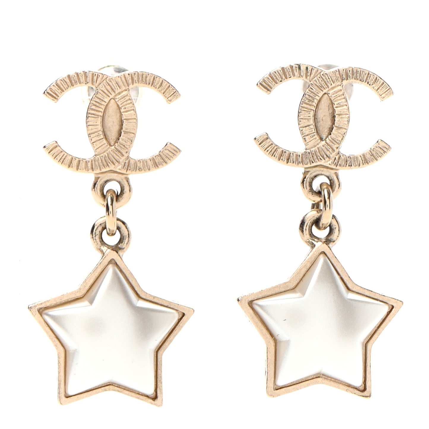 Metal Resin Pearl Star CC Drop Earrings Gold Pearly White