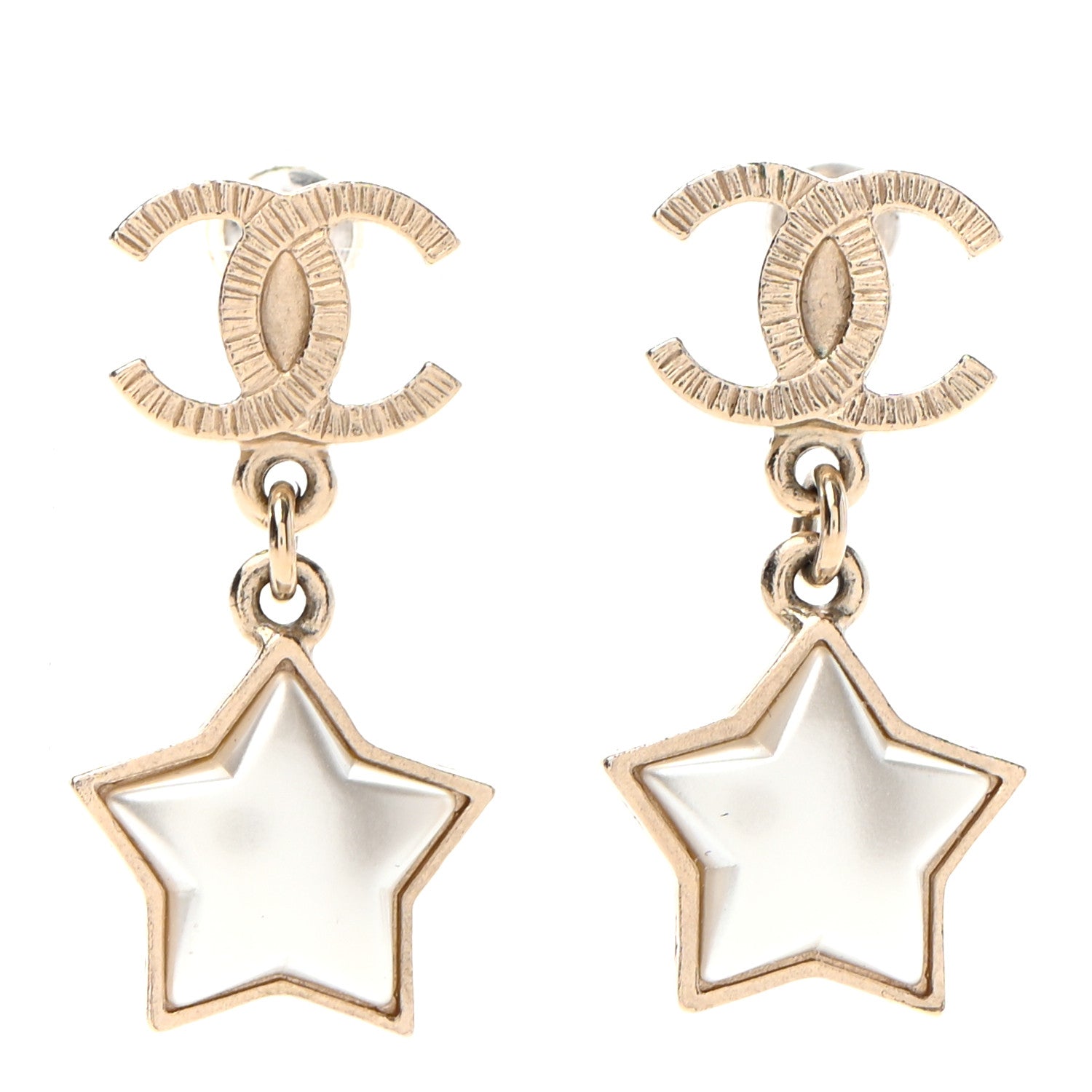Chanel Metal Resin Pearl Star CC Drop Earrings Gold Pearly White 1 of 5