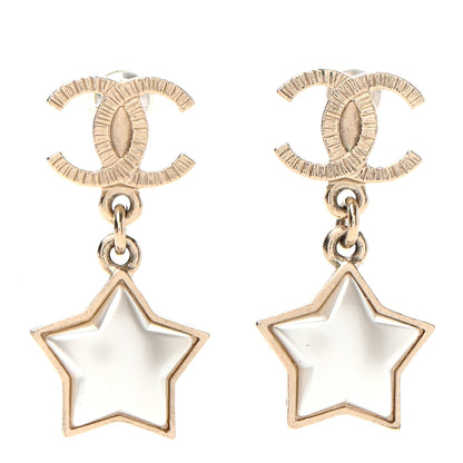 Chanel Metal Resin Pearl Star CC Drop Earrings Gold Pearly White 1 of 5
