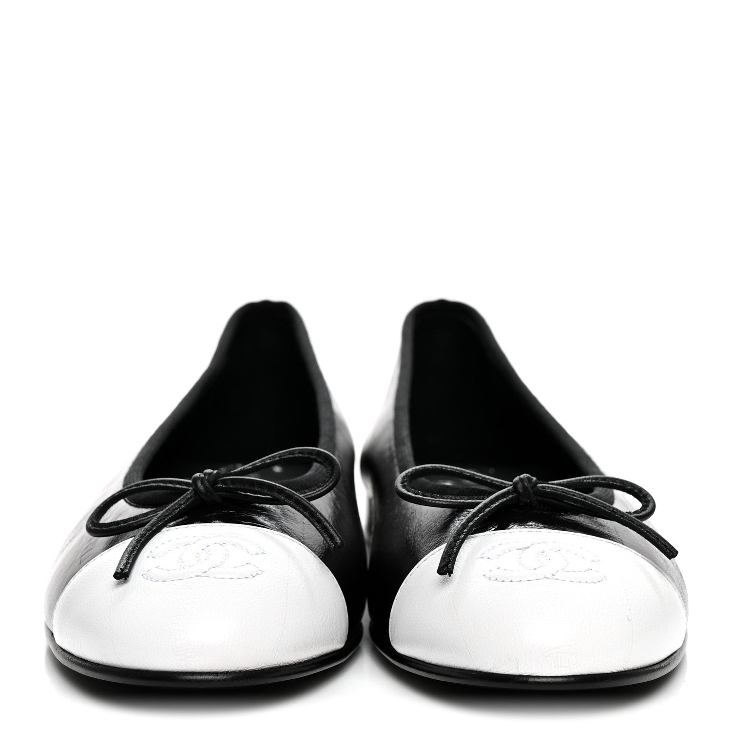 Chanel Crumpled Shiny Lambskin Cap Toe CC Ballerina Flats 38 Black White 3 of 9