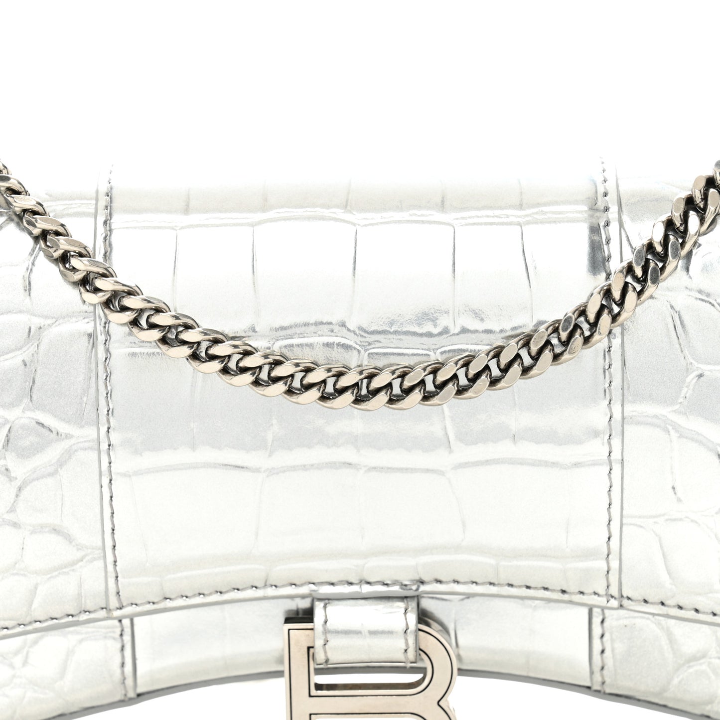Metallic Calfskin Crocodile Embossed Hourglass Chain Bag Silver