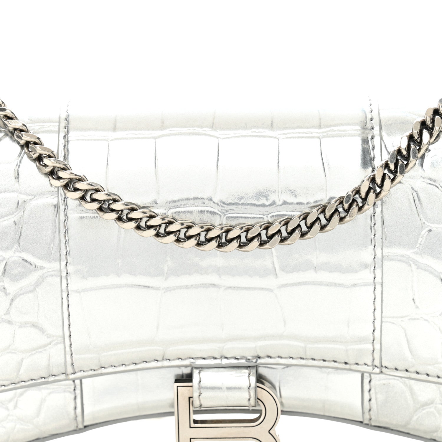 Balenciaga Metallic Calfskin Crocodile Embossed Hourglass Chain Bag Silver 7 of 9