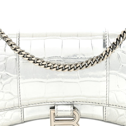 Balenciaga Metallic Calfskin Crocodile Embossed Hourglass Chain Bag Silver 7 of 9