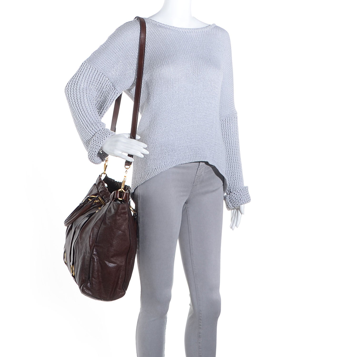 Miu Miu Leather Vitello Lux Gathered Shopper Tote Brown 2 of 8