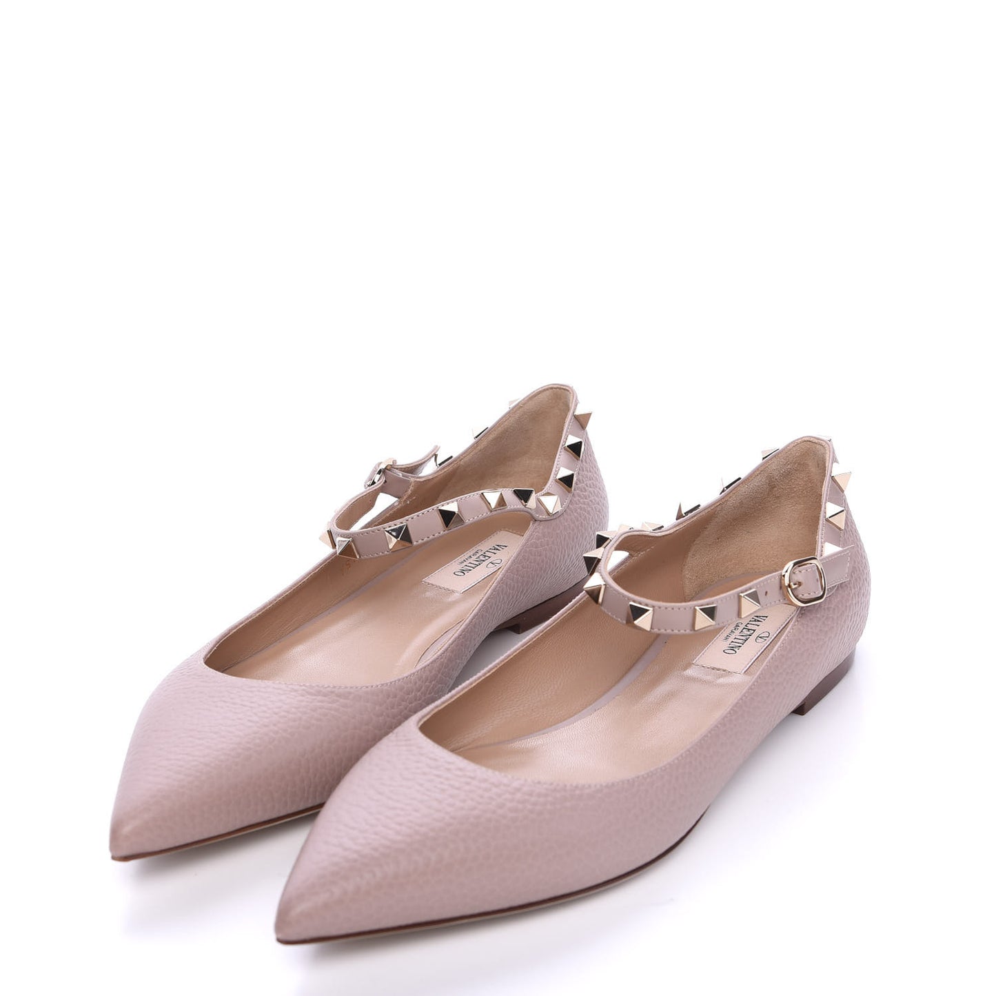 Pebbled Calfskin Rockstud Ankle Strap Ballerina Flats 40 Poudre