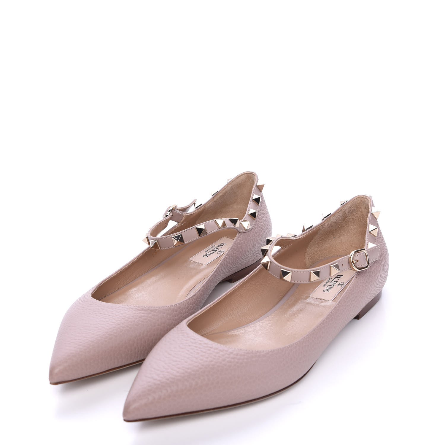 Valentino Garavani Pebbled Calfskin Rockstud Ankle Strap Ballerina Flats 40 Poudre 2 of 11